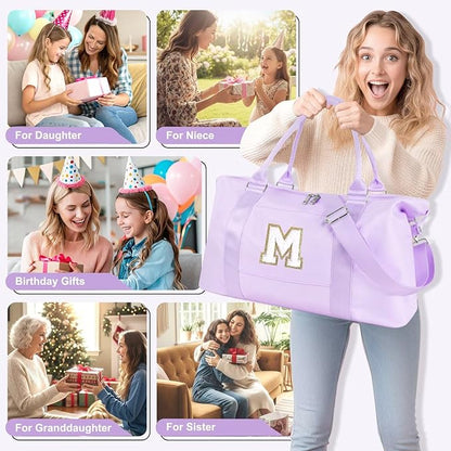Dance Gym Duffel Bag for Teen Girls, Personalized Initial Travel Weekender Bag,Cute Overnight Carry On Duffle for Women,Sports Travel Cheer Bag,Monogram Christmas Gifts for Tween Preppy(purple-M)