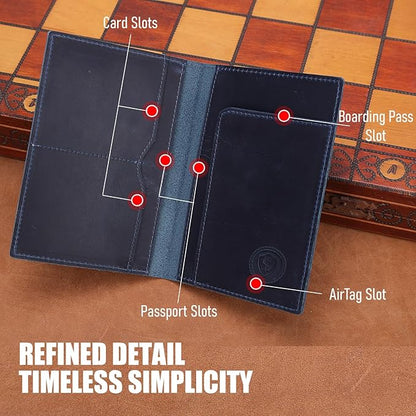 STAR VISTA Albatross Leather Travel Passport Holder, Minimalist Design, Full Grain Leather Case for Women and Men - Slim Passport Wallet, Bifold, RFID Blocking, with AirTag Holder, Navy Blue