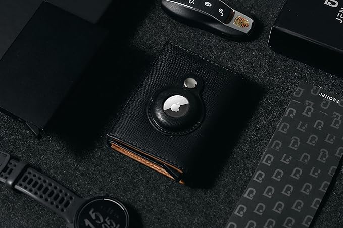 Jenoss Smart AirTag Wallet for Men: Full Grain Leather, Handcrafted, Silver Pop Up Case,Slim, RFID Blocking Credit Card Holder Compact, 12 Slot Organizers ID Cash Apple Air Tag Tracker (Black&Brown)