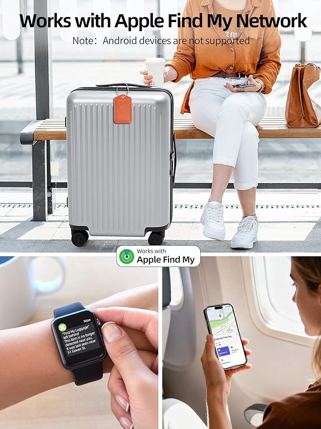 Luggage Tags, Works with Apple Find My, Smart Luggage Tag for Suitcases, Leather Bag Tag for Travel, Suitcase Tag with Privacy Flap, Anti-Lost Luggage Tracker, Travel Essentials, Rechargeable, Orange