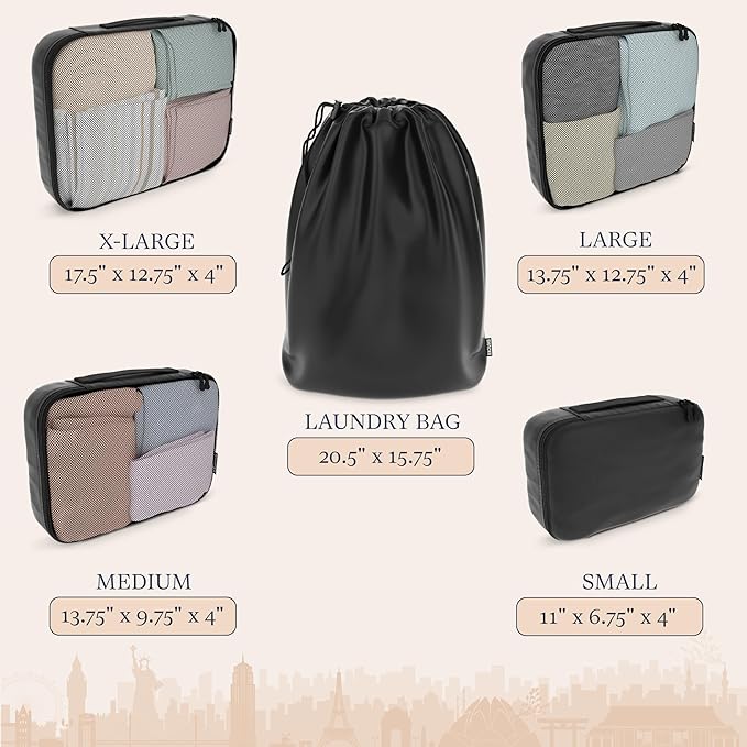 Shacke Premium 5 Packing Cubes Set - Lightweight Mesh Travel Luggage Organizers with Laundry Bag, 5-Piece Suitcase Storage System (Air Black)