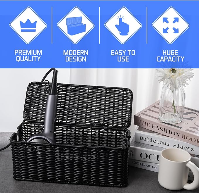 Cable Management Box, Handmade Rattan Cable Organizer, 2 Open Slots Cords Hider Box, Under Desk Cord Organizer for Computer Router USB Hub & Power Strip, Patent Pending, 13" x 5.1" x 5.1", Black