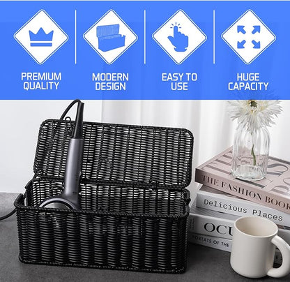 Cable Management Box, Handmade Rattan Cable Organizer, 2 Open Slots Cords Hider Box, Under Desk Cord Organizer for Computer Router USB Hub & Power Strip, Patent Pending, 13" x 5.1" x 5.1", Black