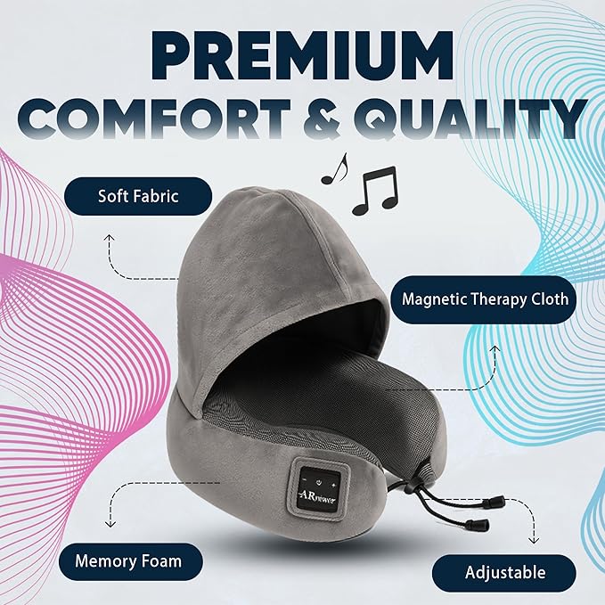 Bluetooth Music Semicircular Neck Pillow with Hood Wireless Bluetooth Speaker Suitable Airplane,Car,Office,and Outdoor Camping for Sleeping, Resting The Best Travel Essentials. (Dark Gray)