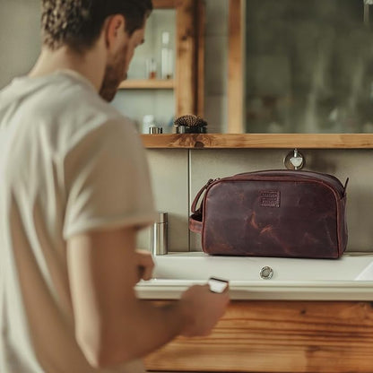 LEATHER VILLAGE Premium Leather Toiletry Travel Pouch With Waterproof Lining - Mulberry Brown | King-Size Handcrafted Vintage Dopp Kit Bag, Shaving & Bathroom Organizer, Gift for Men & Women