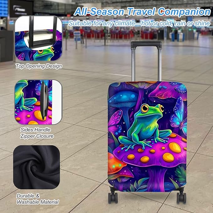 Luggage Cover Protector for 26-28 Inch Suitcases, TSA Approved Elastic Travel Suitcase Covers, Anti-Scratch Washable Luggage Sleeve for Carry On & Checked Bags, Frog on Mushroom