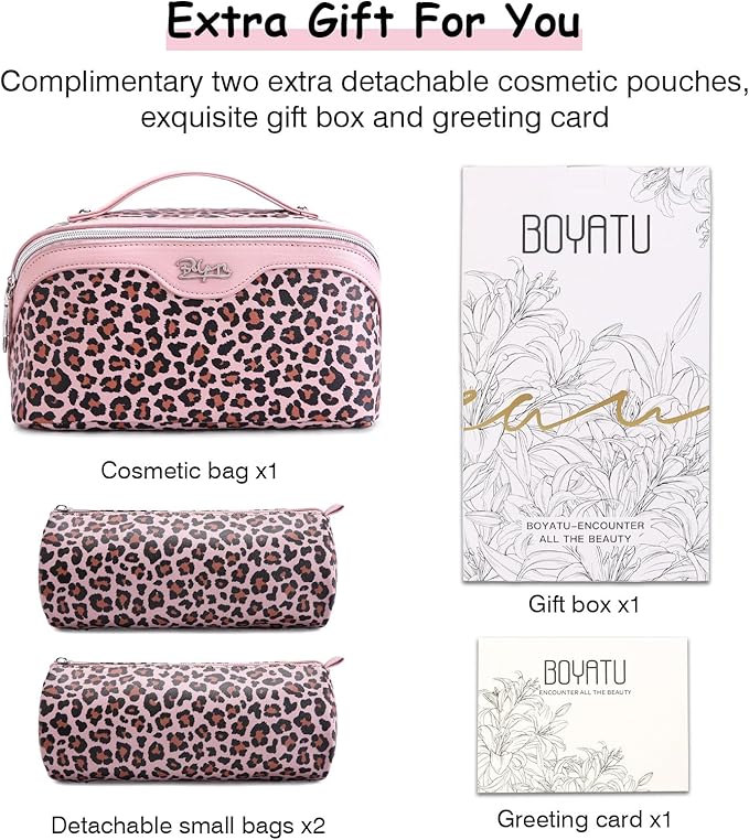 BOYATU Travel Makeup Bag for Women: 3 Pcs Set Portable Make up Bags with Handle - Leopard Print Cosmetic Bags with Comparments - Waterproof Vegan Leather Toiletry Bag (A-1-Pink)
