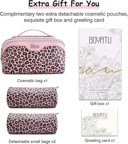 BOYATU Travel Makeup Bag for Women: 3 Pcs Set Portable Make up Bags with Handle - Leopard Print Cosmetic Bags with Comparments - Waterproof Vegan Leather Toiletry Bag (A-1-Pink)