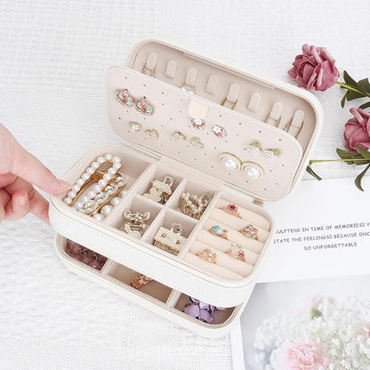 DesignSter Small Travel Jewelry Box with Double Zipper, 2 Layers PU Portable Jewelry Case for Women and Girls,Travel Jewelry Organizer for Rings, Earrings, Necklaces, Bracelets,Beige