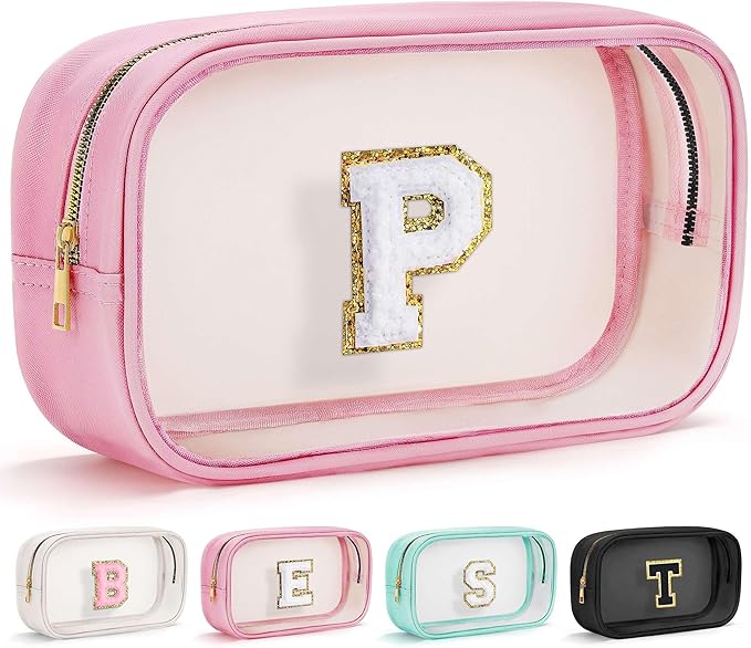 YOOLIFE Travel Toiletry Bag for Women, Pink Clear Makeup Bag Cute Make Up Bag Cosmetic Bags Skin Care Makeup Bag Organizer Birthday Gifts for Women Teacher Mother Girlfriend Initial P