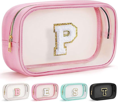 YOOLIFE Travel Toiletry Bag for Women, Pink Clear Makeup Bag Cute Make Up Bag Cosmetic Bags Skin Care Makeup Bag Organizer Birthday Gifts for Women Teacher Mother Girlfriend Initial P