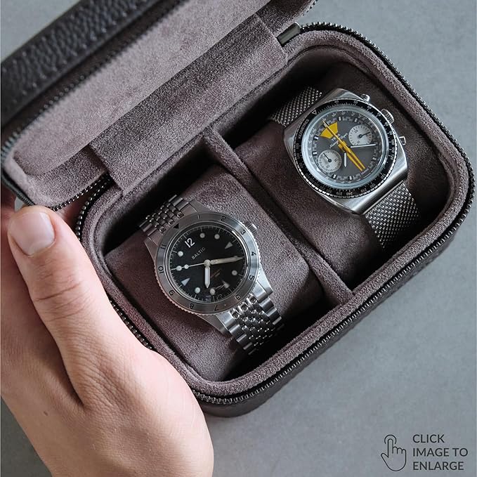 TAWBURY Watch Case - 2 Slot Genuine Top-Grain Leather Watch Travel Case for Men & Women with Metal Zipper and Extra Wide Pillows for Large Watches (Brown)