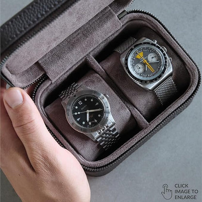 TAWBURY Watch Case - 2 Slot Genuine Top-Grain Leather Watch Travel Case for Men & Women with Metal Zipper and Extra Wide Pillows for Large Watches (Brown)