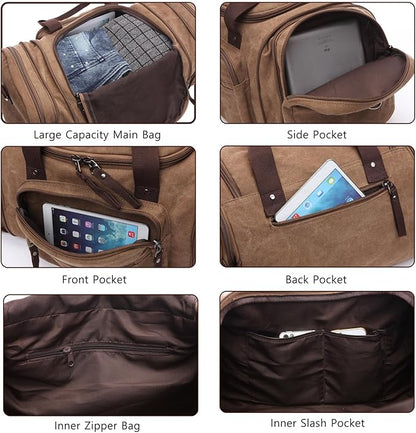 Large men's travel luggage bag, carry overnight bag, weekend handbag, waterproof canvas travel bag(khaki)