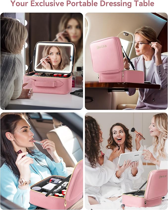 JUSRON Travel Makeup Bag With LED Mirror, Train Case with Light up Mirror, Portable Makeup Artist Organizer Bag with Adjustable Dividers, Makeup Brush Holder Storage (Pink, Large)