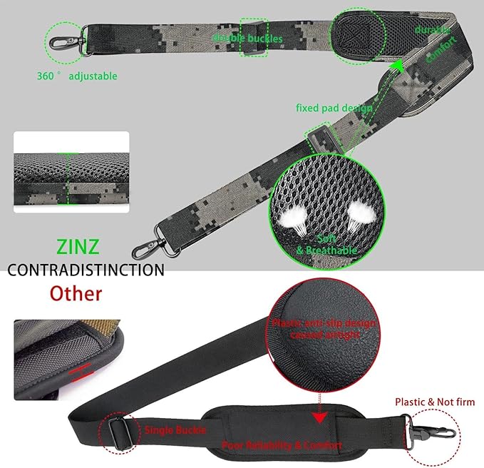 ZINZ 79 inch Shoulder Strap, Extra-thick Fixed Cushion Pad and Dual Clasps Universal Replacement Strap with Metal Swivel Hooks for Laptop Bags, Luggage Bags, Camera, Crossbody(Camouflage Gray)