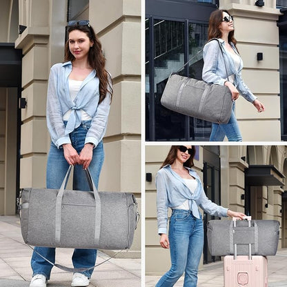 Felipe Varela 65L Duffle Bag with Shoes Compartment, Foldable Carry on Bag Travel Duffel Bags Overnight weekender Gym Bag with Wet Pocket for Women Men(Grey)