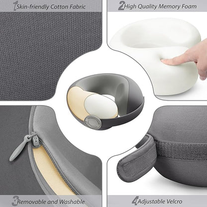 Car Pillow for Big Kids Travel Neck Pillows, Memory Foam Neck Support Travelling Pillow with Washable Cotton Pillowcases and Storage Bag, for Airplane, Train, Flight and Home Use Grey