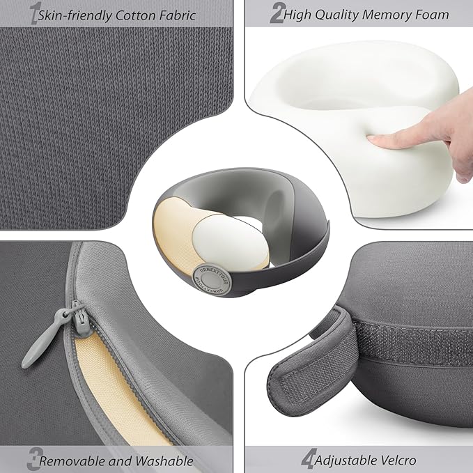 Car Pillow for Little Kids Travel Neck Pillows, Memory Foam Neck Support Travelling Pillow with Washable Cotton Pillowcases and Storage Bag, for Airplane, Train, Flight and Home Use Grey