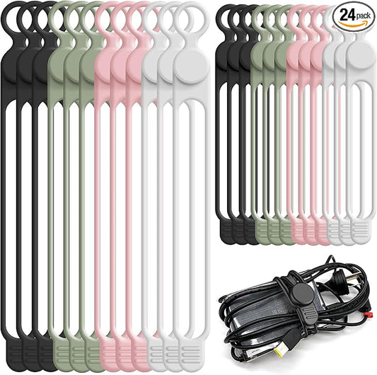 Nearockle Silicone Cable Ties Cord Organizer for Cable Management, 24PCS 4.2" and 7.1" Reusable Cable Organizer Electronic Accessories for Home, Office, Kitchen, School, Travel (4 Colors)