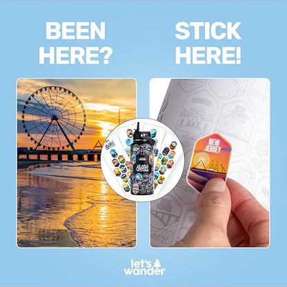 LET'S WANDER 50 States Water Bottle with Waterproof Stickers - 32oz Leakproof Insulated Stainless Steel with Straw - States of the USA Gift Bottle (Black)