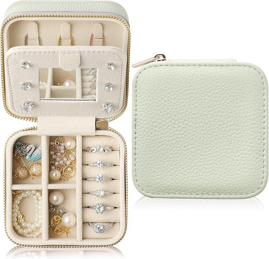 Genuine Leather Travel Jewelry Case Organizer with Mirror for Women, Small Jewelry Box Portable Mini Jewelry Case for Earring, Ring, Necklace, Bracelet（Lychee Grain Mint Green）