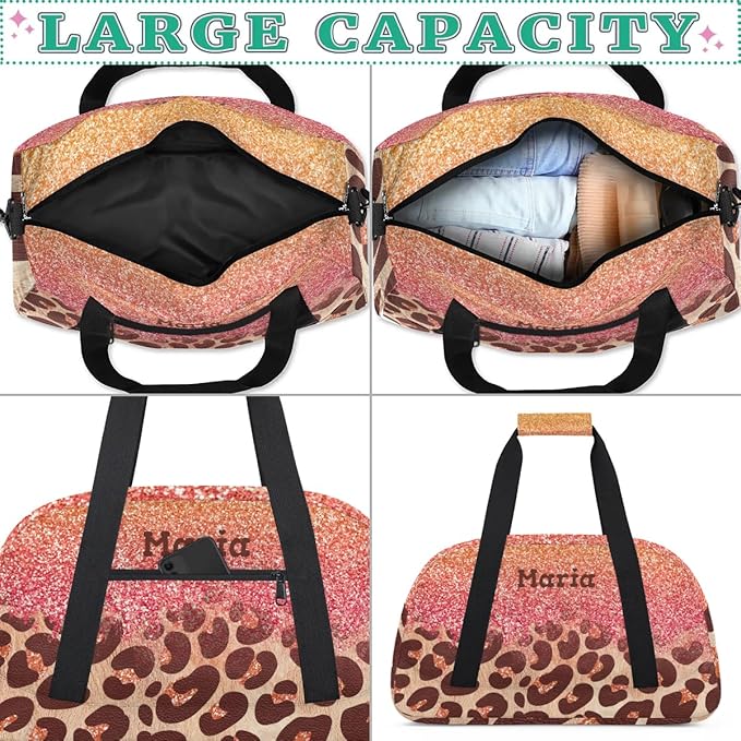 Personalized Kids Sports Duffel Bag with Name Custom Weekender Overnight Bag for Boys Girls Gym Bag Travel Dance Gymnastics Duffel Bag, Pink Glitter Leopard Print