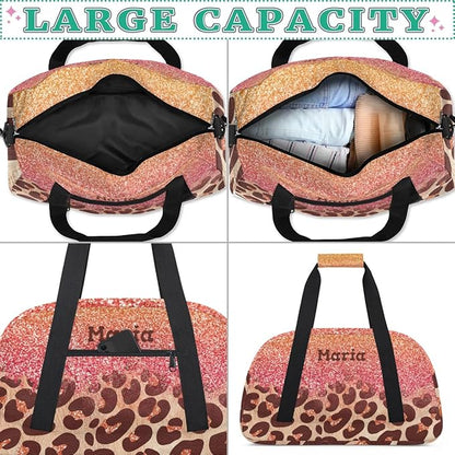 Personalized Kids Sports Duffel Bag with Name Custom Weekender Overnight Bag for Boys Girls Gym Bag Travel Dance Gymnastics Duffel Bag, Pink Glitter Leopard Print