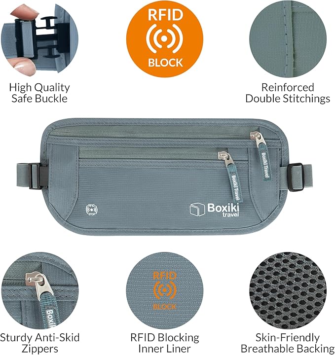Money Belt for Travel w/RFID Blocking Technology - Hidden Travel Money Pouch for Cash, Credit Cards, Passport, and Travel Valuables - Secure Water Resistant Money Belt for Men & Women - Gray