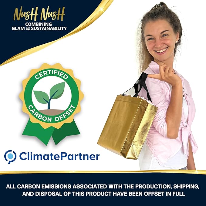 Nush Nush Set of 30 Shiny Gold Gift Bags Bulk - Medium Size Gold Reusable Gift Bags with Handles - For Christmas, Business, Bachelorette, Bridesmaids, Birthday Goodies and Party Favors - 8Wx4Dx10H