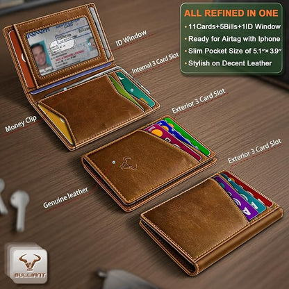 BULLIANT Men Wallet,Top Grain Leather Slim Wallet Magnetic Closure Simplifed Bill Folder RFID Blocking 11Cards