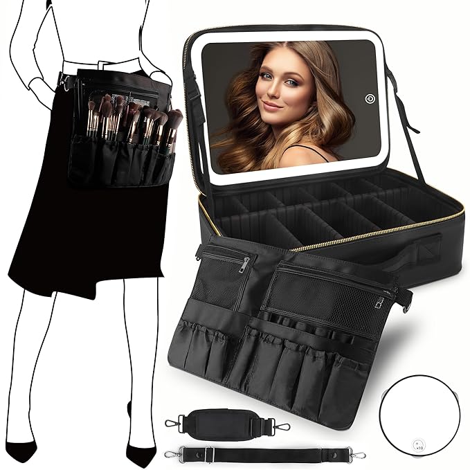 MOMIRA Large Makeup Train Case with Lighted and Mirror Partitionable Cosmetic Bag Travel Makeup Case Professional Cosmetic Artist Organizer, Waterproof Portable, with Shoulder Stra