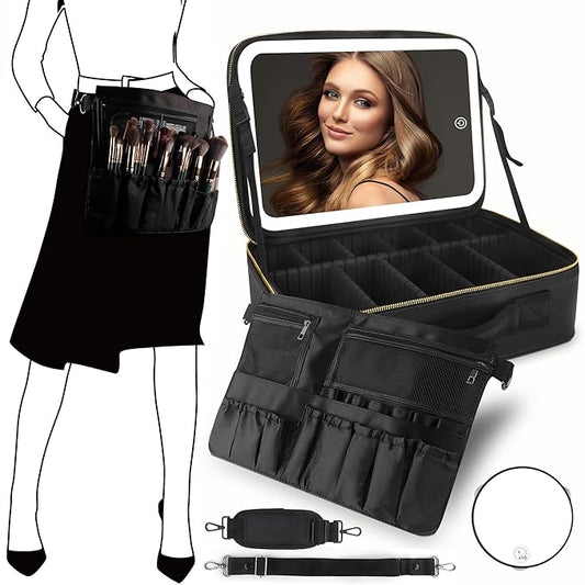 MOMIRA Large Makeup Train Case with Lighted and Mirror Partitionable Cosmetic Bag Travel Makeup Case Professional Cosmetic Artist Organizer, Waterproof Portable, with Shoulder Stra