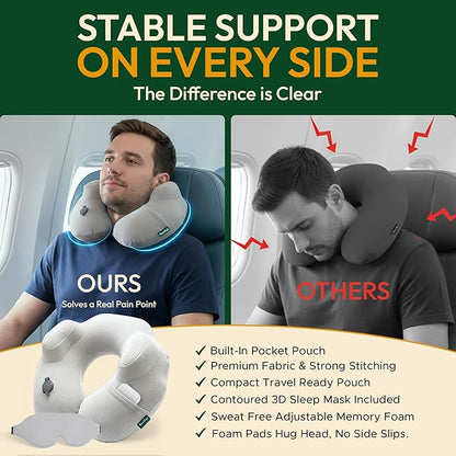 Adjustable Memory Foam Sides Inflatable Travel Neck Pillow | Super Soft, Compact & Portable Neck Support Pillow (Light Gray, Standard)