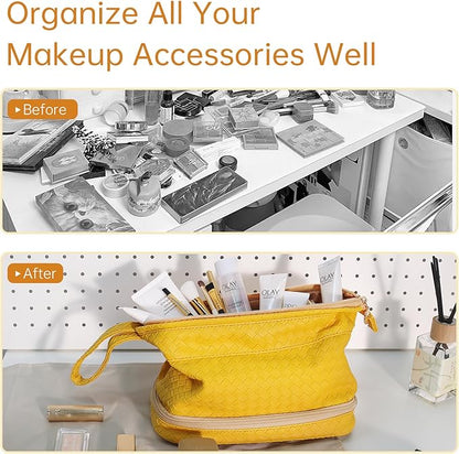 Abiudeng Large Capacity Makeup Bag Ladies Cosmetic Bag Travel Bag with Compartments Portable PU Leather Travel Makeup Bag with Handle