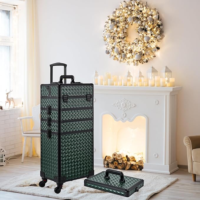 Rolling Makeup Case, Makeup Train Case with Lid, 5 in 1 Cosmetology Case on Wheels, Christmas Gift, Large Makeup Case Organizers, Profesional Cosmetic Case for Salon Barber,Black Green