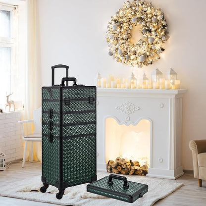 Rolling Makeup Case, Makeup Train Case with Lid, 5 in 1 Cosmetology Case on Wheels, Christmas Gift, Large Makeup Case Organizers, Profesional Cosmetic Case for Salon Barber,Black Green