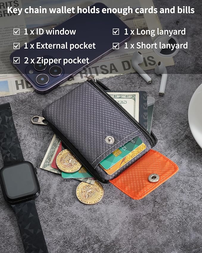 Minimalist Wallet For Mens Womens, Keychain RFID Blocking Zipper Small Wallet with ID Window 2 Lanyards,Water Resistant Travel Cash Card Coin Case Boys Girls