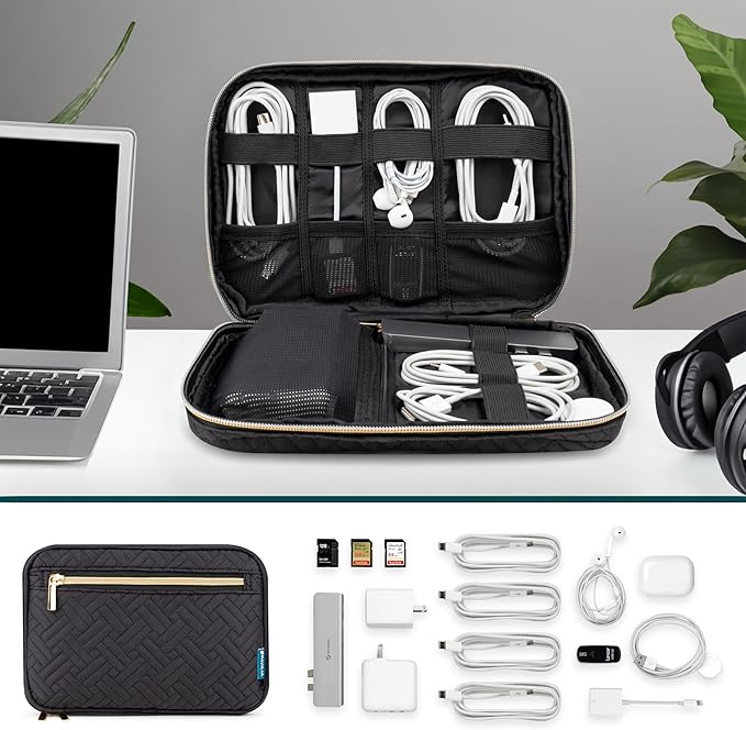 Pavilia Tech Organizer Case - Electronic & Cable Organizer, Small Charger Pouch, Black Quilted Travel Accessory
