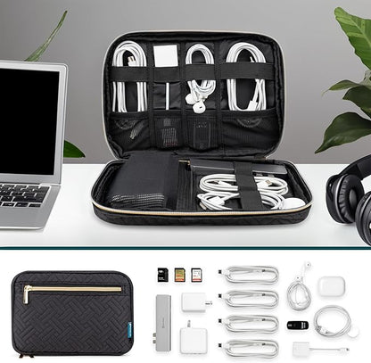 Pavilia Tech Organizer Case - Electronic & Cable Organizer, Small Charger Pouch, Black Quilted Travel Accessory