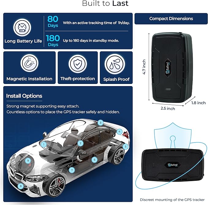 SALIND GPS Tracker – Heavy-Duty Magnetic Car & Truck Tracker, Up to 180-Day Battery, Real-Time Anti-Theft GPS Device with Strong Magnet, IP65 Splashproof & Rugged