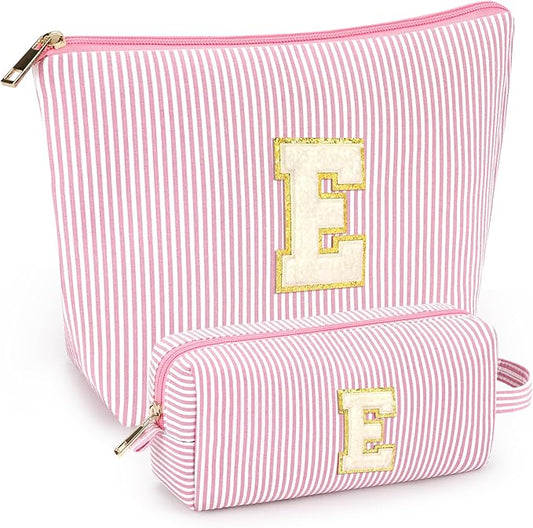 mibasies 2 PCS Initial Makeup Bags for Women: Cosmetic Bag for Travel Toiletry - Personalized Cute Makeup Pouch - Gifts for Grilfriend Wife Moms Bridesmaid - Retirement Travel Gifts - Light Pink E