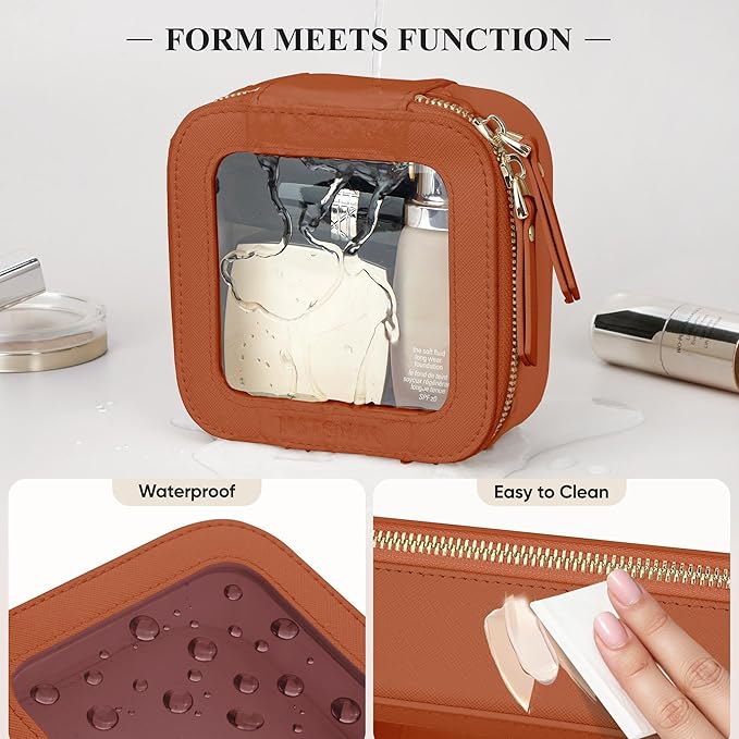 Clear Makeup Bag, Travel Toiletry Bag Cosmetic Case for Women, Waterproof Portable Small Make Up Skincare Pouch with Zipper, Compact Car Organizer Bag for Essentials, Mini Size, Brown