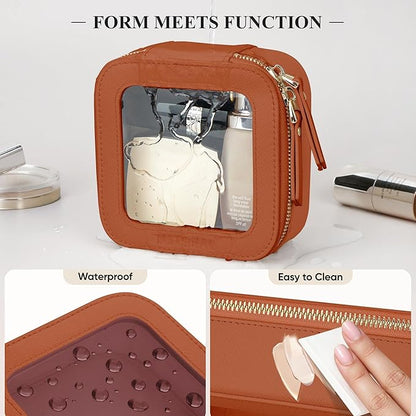 Clear Makeup Bag, Travel Toiletry Bag Cosmetic Case for Women, Waterproof Portable Small Make Up Skincare Pouch with Zipper, Compact Car Organizer Bag for Essentials, Mini Size, Brown