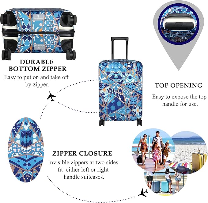 Explore Land Travel Luggage Cover Suitcase Protector Fits 27-30 Inch Case (Portuguese tiles, L)