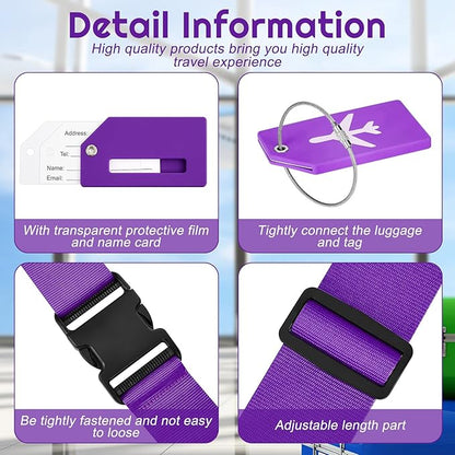 Weewooday 8 Pcs Luggage Straps Suitcase Tags Set for TSA Approved, 4 Travel Adjustable Suitcase Belt, 4 Silicone Luggage Tags with Name ID Card Travel Accessories(Dark Purple,Airplane)