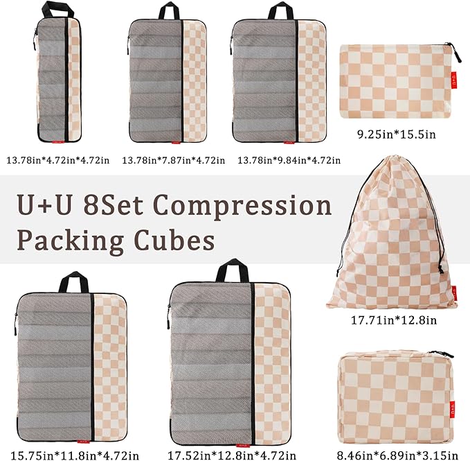 U+U 8 Set Compression Packing Cubes - Ultralight Travel Organizers with Laundry Bag and Cosmetic Bag, Space-Saving Suitcase Organizer for Travel, Business Trip and Family Vacation (Khaki Checkered)