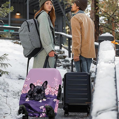 ANNA QUEEN French Bulldog Luggage Cover, Cute Black Dog with Pink Flowers Suitcase Protector, Stretchable Washable Travel Sleeve for 32-34 Inch Luggage