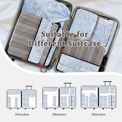 U+U 8 Set Compression Packing Cubes - Ultralight Travel Organizers with Laundry Bag and Cosmetic Bag, Space-Saving Suitcase Organizer for Travel, Business Trip and Family Vacation (Blue Flower)