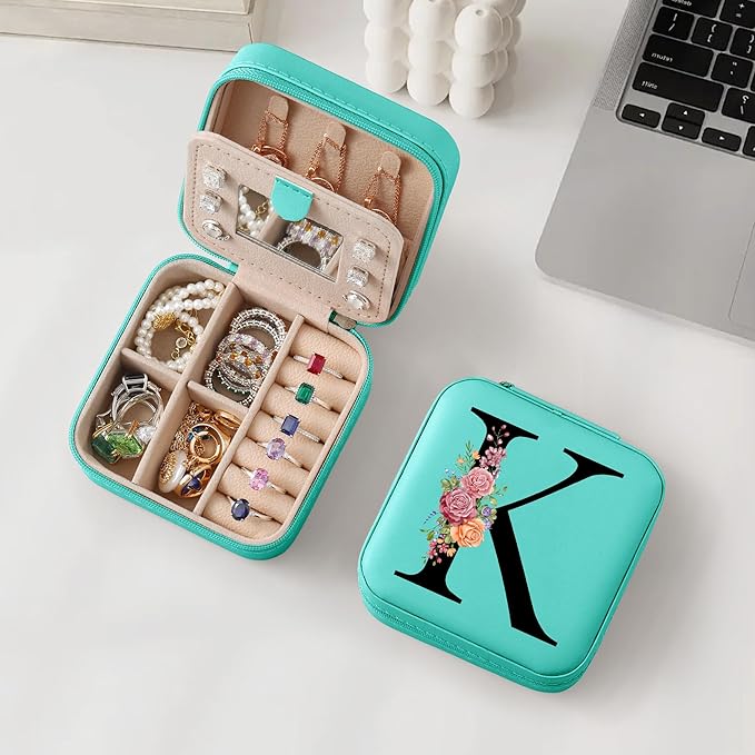 Parima Christmas Stocking Stuffers Gifts Travel Jewelry Case Jewelry Box - Small Jewelry Organizer Travel Essential Gifts for Teenage Girls Friends Her Bridesmaids for Women Mom Gifts - Letter K, Blue